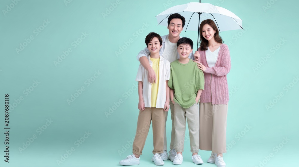 Fototapeta premium Happy Asian family of four under white umbrella on mint background