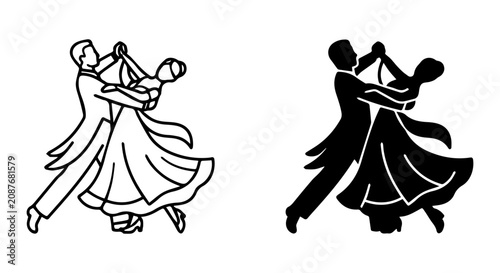 Foto Elegant Ballroom Dancing Couple Silhouettes, Classic Waltz Pair Vector Art, Form
