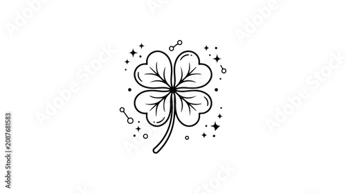Fotografie Minimalist four leaf clover line art vector, lucky shamrock icon with celestial stars, black and white botanical illustration for St