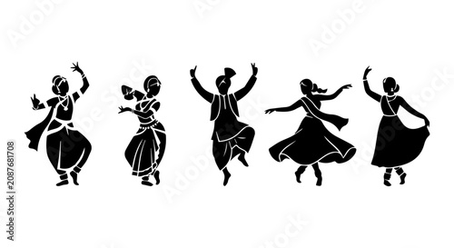 Diverse Indian Dancers Silhouette Vector Set, Traditional Cultural Performance Art, Celebration Festive Movement
