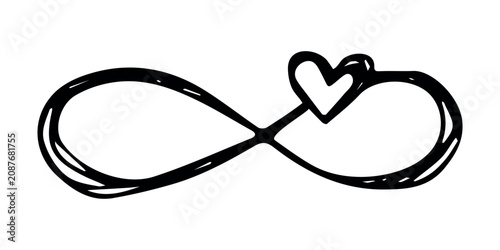 Hand drawn infinity sign with heart Eternal limitless unlimited infinite forever symbol Cycle endless life concept doodle For design print logo tattoo