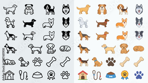 Fényképezés Collection of dog icons and illustrations in various breeds and styles