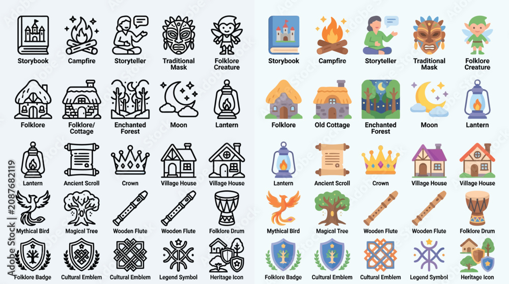 Fototapeta premium Collection of Fantasy and Folklore Icons, Including Storybooks, Campfires, Mythical Creatures, and Village Houses.