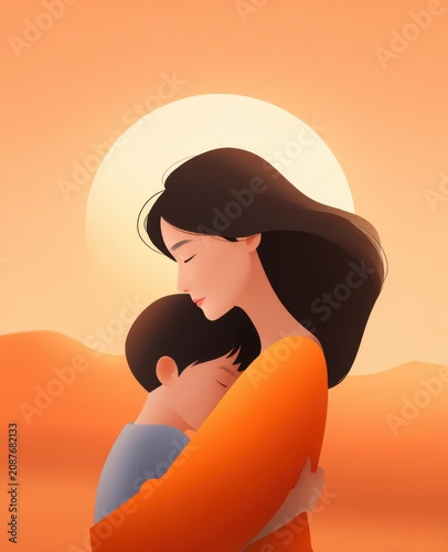 Loving mother embraces her son in a warm, serene sunset glow.