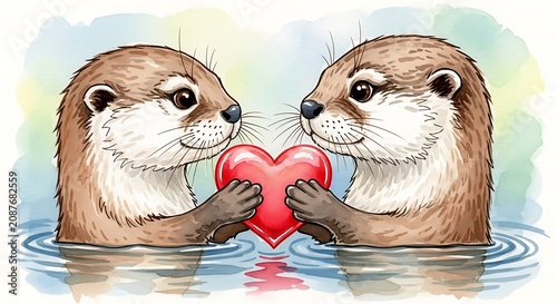 Two brown puppies playing with red ball in water.
