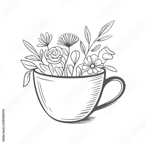 Black and white of a teacup filled with delicate flowers and leaves
