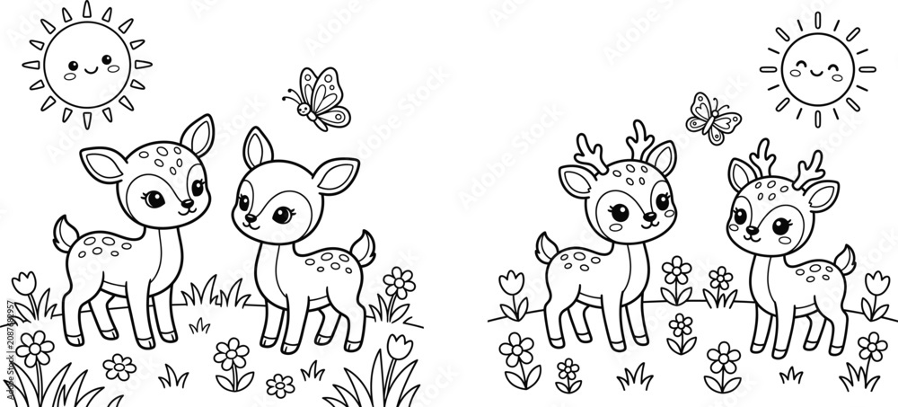 Fototapeta premium Cute Baby Deer Coloring Page – Woodland Animal Line Art for Kids