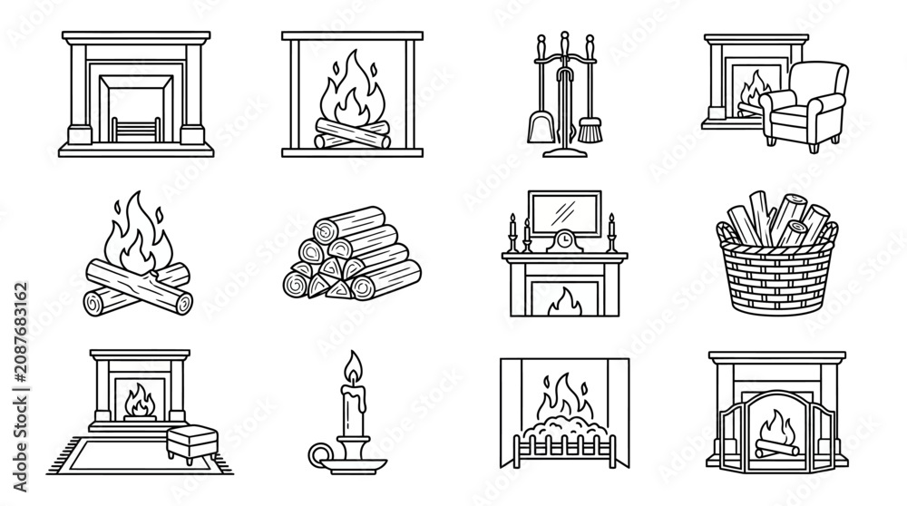 Fototapeta premium Cozy Fireplace Icons Set: Illustration of Hearth Elements