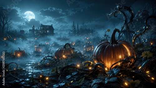 spooky, moonlit pumpkin patch with glowing pumpkins, fog, and eerie trees surrounding a haunted house under a cloudy night sky.