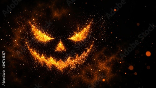  fiery, glowing jack-o'-lantern face with a sinister smile and triangular eyes emerging from dark sparks and embers.