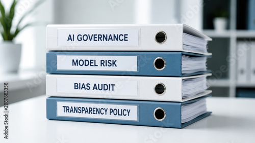 Stacked office binder with spine label on AI governance, model risk, bias audit, and transparency policy on white surface