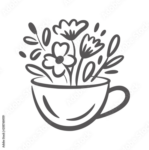 Black and white of flowers in a teacup floral