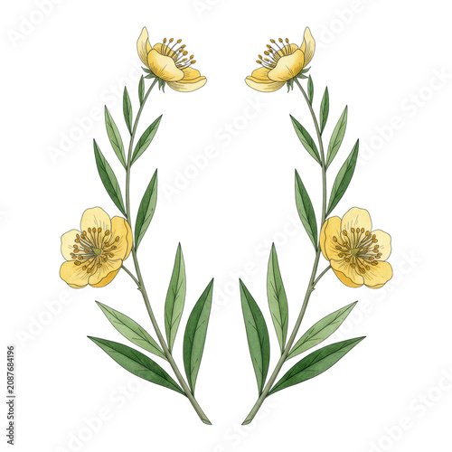 Two sprigs of delicate yellow flowers with emerald green leaves in a vintage botanical illustration style on a white background horticultural documentation theme