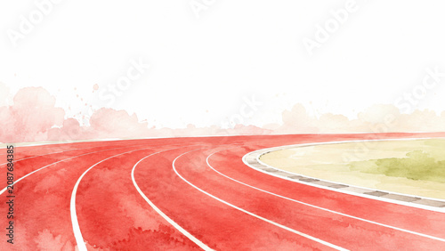 Watercolor illustration of empty athletics running track curve with lane marking, soft red and white tone, loose wash technique, copy space above, sport venue