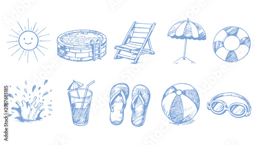 Summer beach vacation hand drawn sketch vector elements set. Pool, lounge chair, sun, umbrella, cocktail, and flip flops sketches.