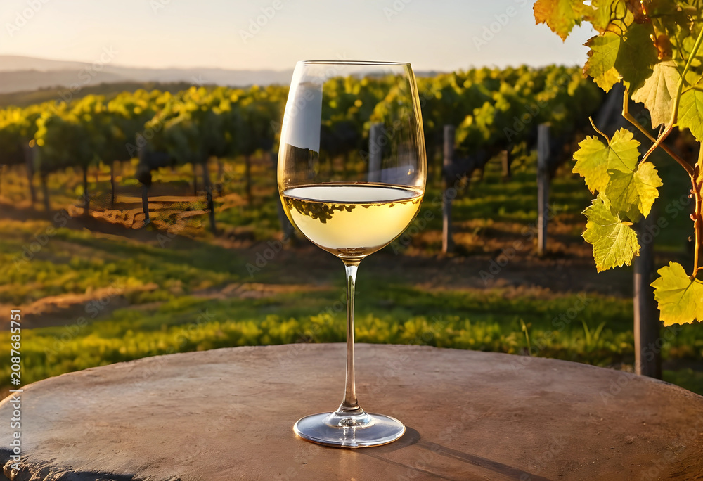 Obraz premium Glass of white wine on table in vineyard at golden hour