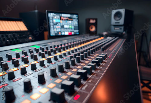 Professional audio mixer console in recording studio