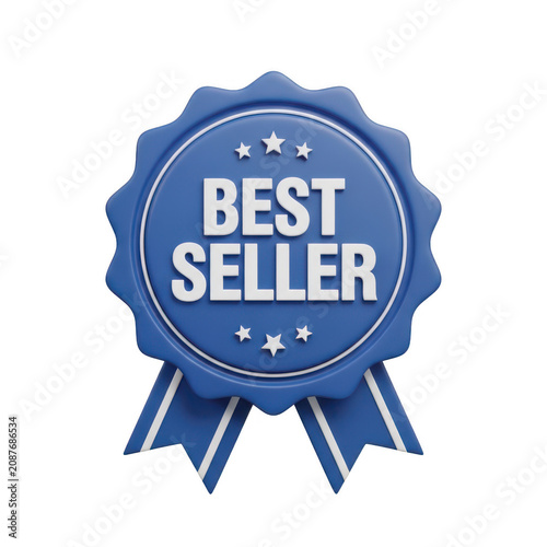 Blue best seller badge icon with ribbons isolated on transparent background