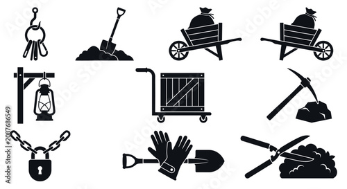 Konstfotografi Industrial tools and labor worker silhouette icons.