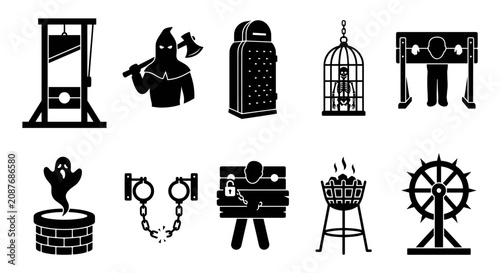 Photos Medieval torture devices and executioner silhouette set.