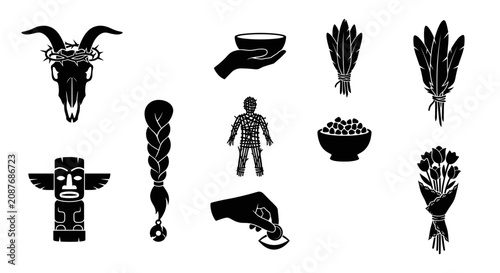 Bild auf Leinwand Tribal ritual and shamanic spiritual silhouette icon collection.