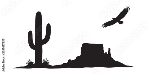 Schilderij op canvas Black Silhouette Vector Set of Desert Cactus Mesa and Eagle Landscape Scene