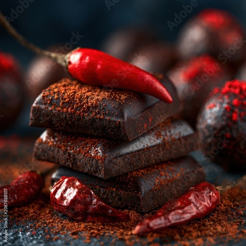 A stack of dark chocolate bars with red chili peppers and cocoa powder scattered around