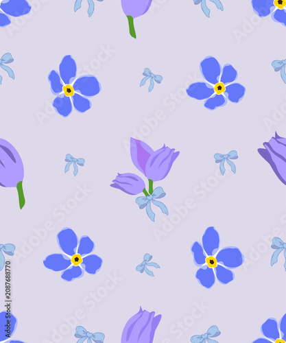 Blue Forget-Me-Not and Bow Seamless Pattern