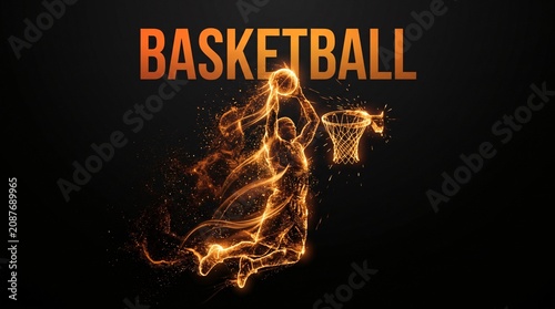 Basketball player performing slam dunk with fiery flames effect basketball competition intensity championship sportsman tournament exercise physical performance explosive dramatic