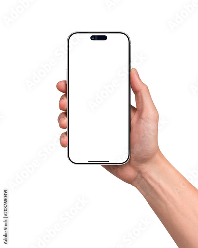 Smartphone mockup in hand with blank screen isolated on a transparent background. Mobile phone with empty display for copy space.