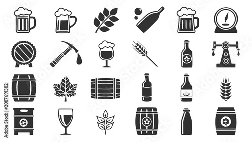 Fotografie Beer brewery vector icon set with mug bottle barrel keg wheat hop leaf and brewi