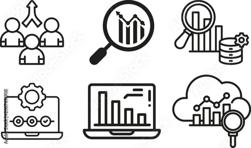 Business analytics line icon set collection group featuring dashboard, chart, graph, report, data, strategy, finance, growth, performance, monitoring, visualization, management outline style.