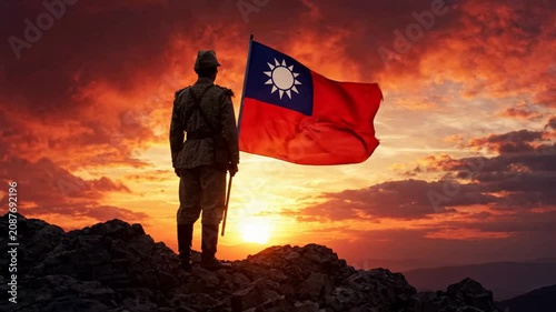 Soldier standing on mountain peak holding taiwan flag at sunset, patriotic military concept, national pride and honor, dramatic sky background