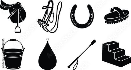 Foto Set of Black Silhouette Equestrian Equipment and Horse Riding Icons