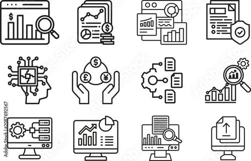 Business analytics line icon set collection group featuring dashboard, chart, graph, report, data, strategy, finance, growth, performance, monitoring, visualization, management outline style.