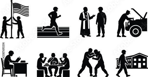 Fotografie Set of Black Silhouette Icons Depicting Daily Military Life and Soldier Activiti