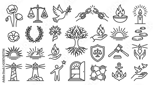 Obraz na plátne Collection of abstract line art icons representing concepts like justice, peace, freedom, hope, and nature