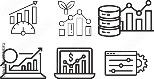 Business analytics line icon set collection group featuring dashboard, chart, graph, report, data, strategy, finance, growth, performance, monitoring, visualization, management outline style.