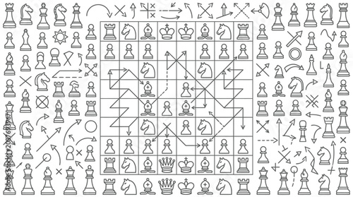 Tableau sur toile Chess strategy and tactics illustrated with diagrams and pieces, showing moves and planning