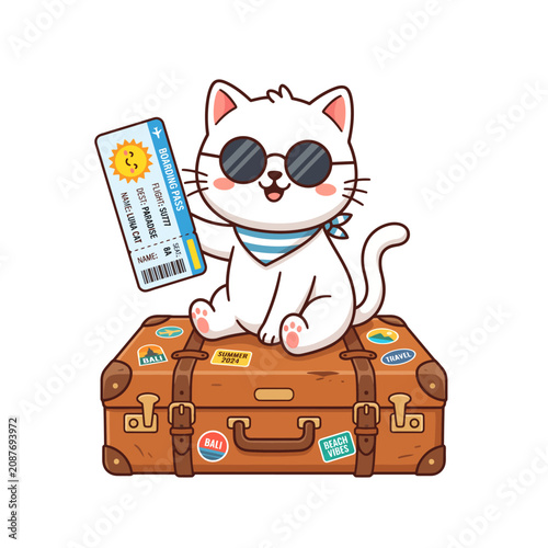 Cute White Cat Wearing Sunglasses Holding A Boarding Pass While Sitting On A Vintage Travel Suitcase For Summer Vacation Concept