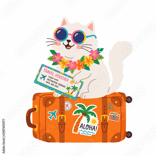 Cute White Cat Ready for Summer Vacation Sitting on Travel Suitcase with Ticket
