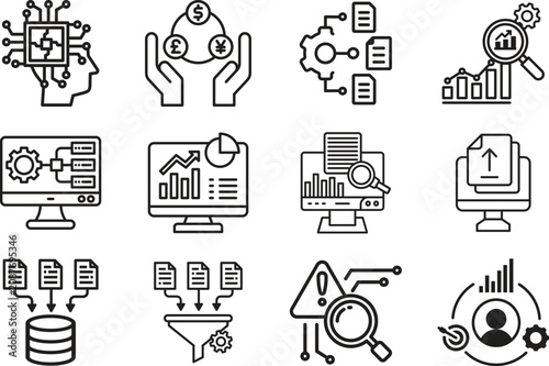 Business analytics line icon set collection group featuring dashboard, chart, graph, report, data, strategy, finance, growth, performance, monitoring, visualization, management outline style.
