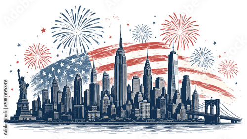 Patriotic New York City skyline on 4th of July with fireworks and American flag