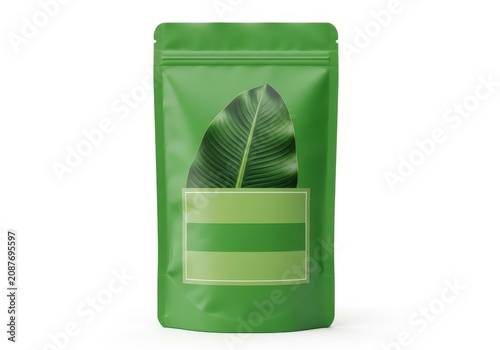 Green resealable bag with dried leaf design for herbal tea or spices