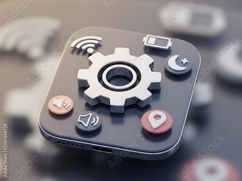 A 3d render of a digital settings control panel with various icons and a central gear wheel symbol