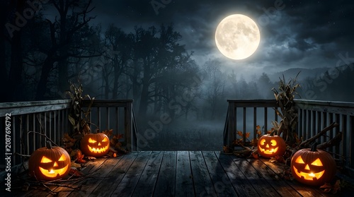 Spooky halloween porch with glowing jackolanterns under a full moon