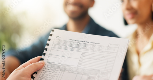 Картината върху платно Hands, realtor and reading document with couple, finance advice and application for real estate