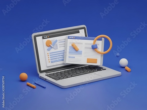 Open laptop computer displaying digital documents with floating 3d shapes on a blue background