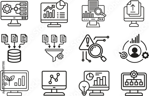Business analytics line icon set collection group featuring dashboard, chart, graph, report, data, strategy, finance, growth, performance, monitoring, visualization, management outline style.