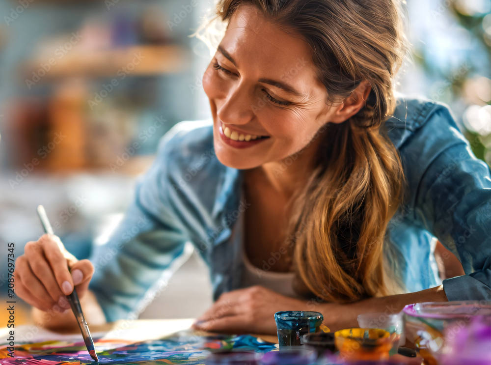 Fototapeta premium Creative mother painting together with her young child at home, using colorful paints, paintbrushes, and paper while enjoying a fun and educational hobby project.